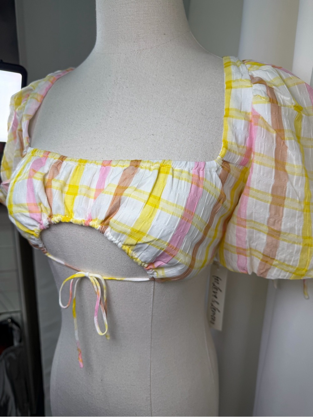 NWT For Love & Lemons ‘Rue’ Puff Sleeve Crop Top in Yellow & White Plaid Size S - Picture 15 of 16